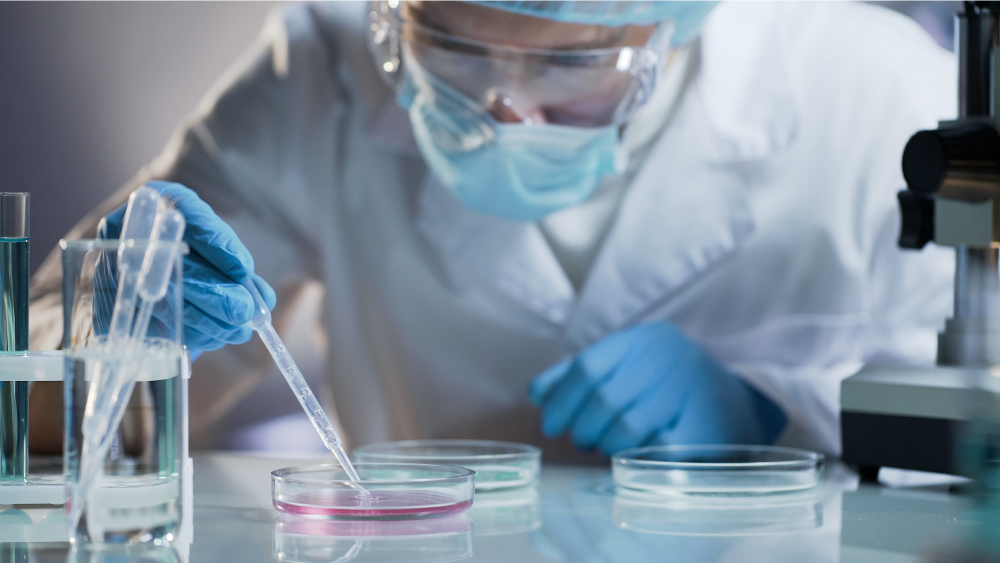 Eine Person im Laborkittel, mit Schutzbrille, Mundschutz und Handschuhen, arbeitet mit einer Pipette und einer Petrischale im Labor. Im Vordergrund sind außerdem weitere Laborutensilien und ein Mikroskop zu sehen.