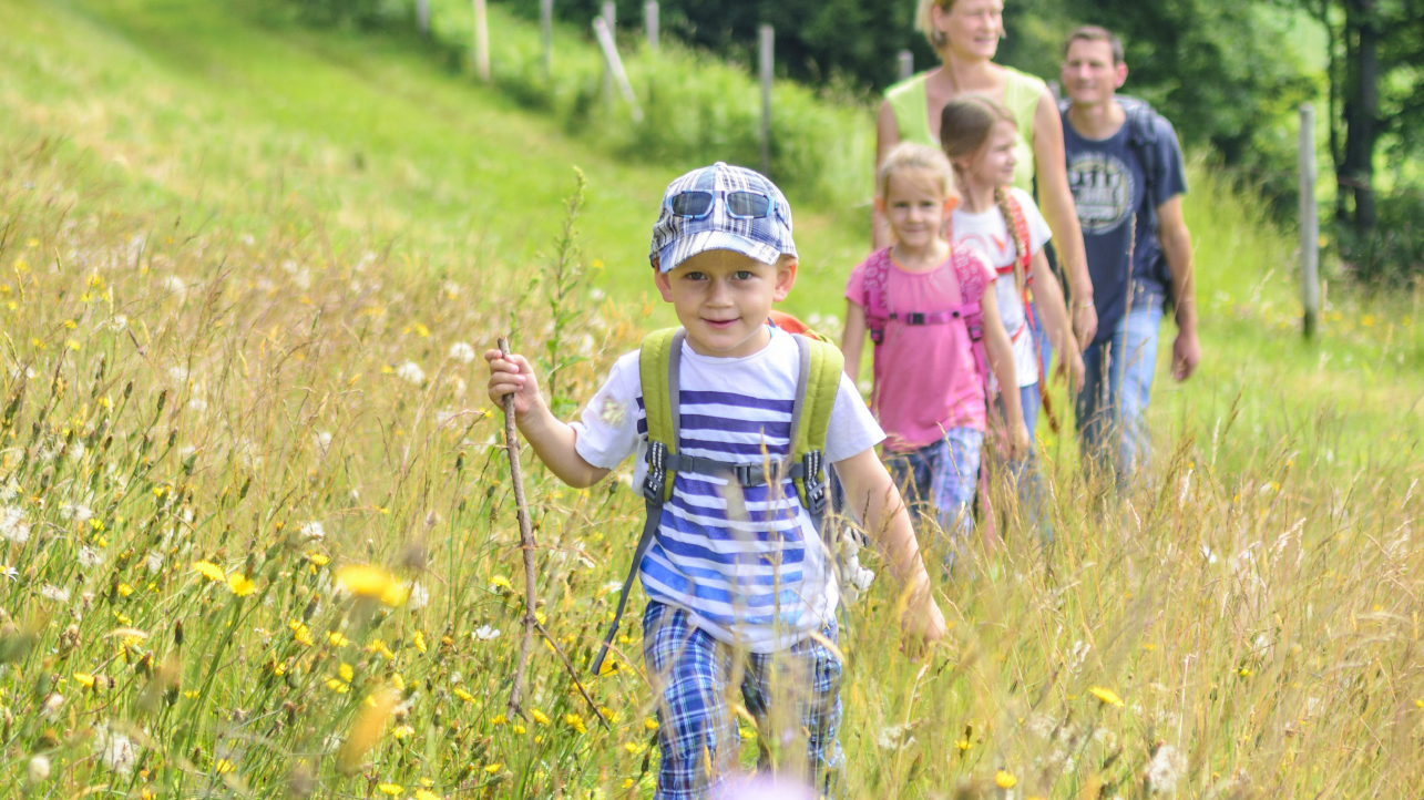 Auf dem Bild wandert eine Familie gemeinsam durch eine blühende Wiese in der Natur. Im Vordergrund läuft ein Junge mit Rucksack, Wanderstock und Mütze lächelnd auf einem Pfad. Dahinter folgen weitere Kinder und zwei Erwachsene. Die Szene wirkt fröhlich und zeigt einen Ausflug oder eine Wanderung bei schönem Wetter, umgeben von Gras und Wildblumen.