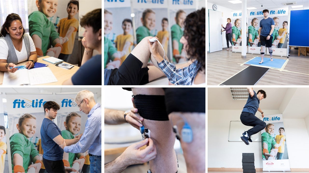 Auf dem Bild ist eine Collage aus sechs Fotos zu sehen, die verschiedene Stationen einer sportmedizinischen oder physiotherapeutischen Untersuchung zeigen. Zu sehen sind junge Erwachsene und Fachleute in einer Umgebung mit “fit for life”-Plakaten im Hintergrund. Es werden unter anderem Übungen, medizinische Checks, das Anbringen von Sensoren und Tests zur Beweglichkeit oder Kraft durchgeführt. Ein Bild zeigt einen Sprungtest, andere Bilder zeigen Beratungsgespräche oder Messungen direkt am Bein. Insgesamt v